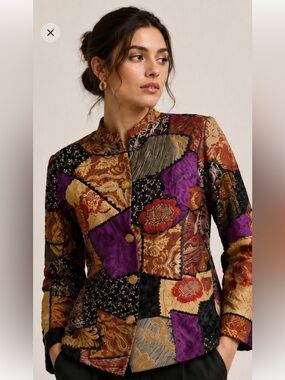 Vintage Indigo Moon Mixed Tapestry & Floral Patchwork "Art to Wear" Jacket XL